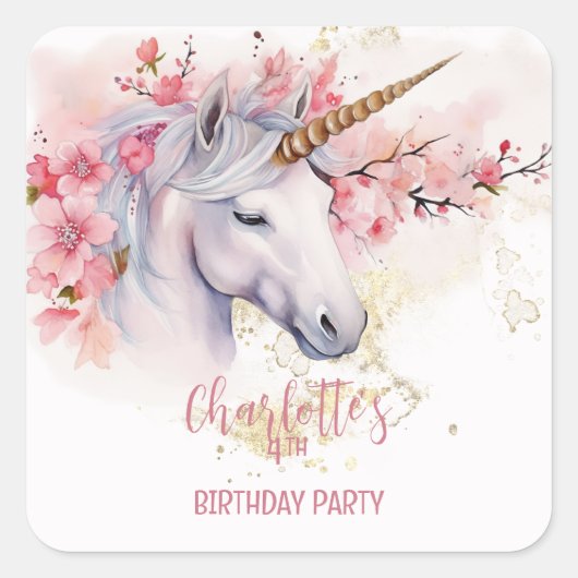神秘的ユニコーンフローラガール4th誕生日パーティー スクエアシール (正面)