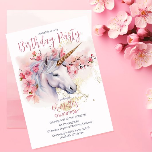 神秘的ユニコーンフローラガール4th誕生日パーティー 招待状