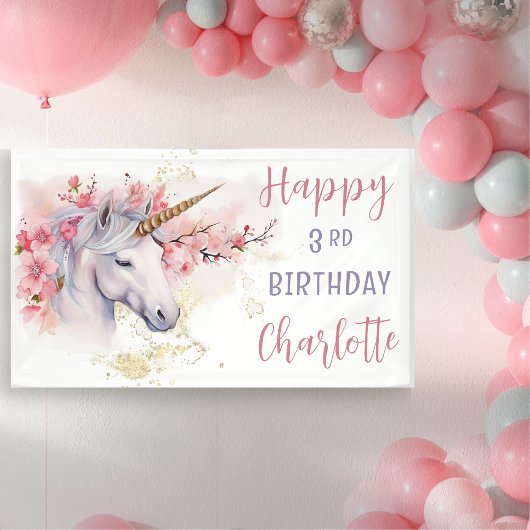 神秘的ユニコーン |ピンクのフローラガールの誕生日 横断幕
