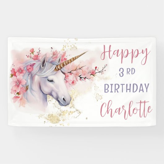 神秘的ユニコーン |ピンクのフローラガールの誕生日 横断幕 (横)