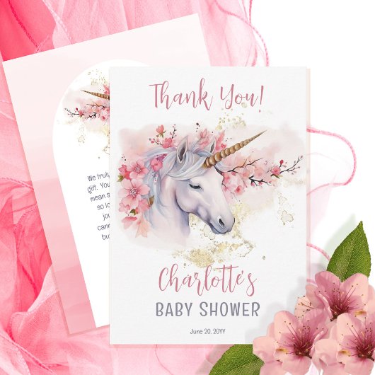 神秘的ユニコーン |ピンクのフローラガールベビーシャワー サンキューカード