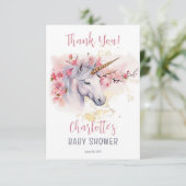 神秘的ユニコーン |ピンクのフローラガールベビーシャワー サンキューカード (スタンド正面)