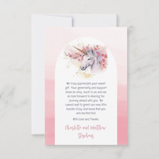 神秘的ユニコーン |ピンクのフローラガールベビーシャワー サンキューカード (裏面)