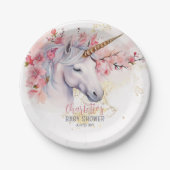 神秘的ユニコーン |ピンクのフローラガールベビーシャワー ペーパープレート (正面)