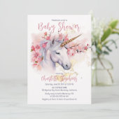 神秘的ユニコーン |ピンクのフローラガールベビーシャワー 招待状 (スタンド正面)