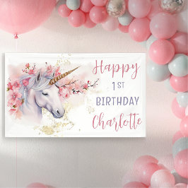 神秘的ユニコーン |ピンクのフローラガール1歳の誕生日 横断幕