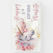 神秘的ユニコーン |ピンクフローラガール第5誕生日 横断幕 (縦)