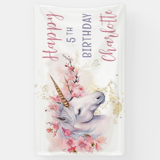 神秘的ユニコーン |ピンクフローラガール第5誕生日 横断幕 (縦)