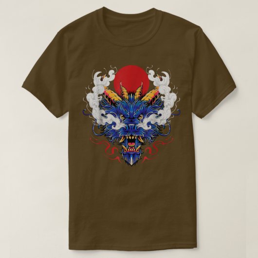神秘的中国のなブルードラゴンの王日本の頭 Tシャツ (デザイン正面)