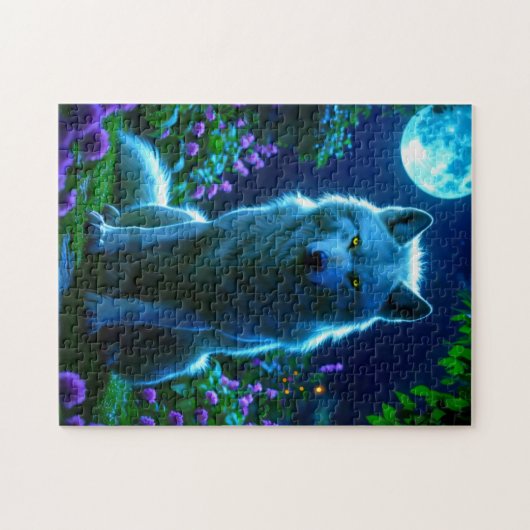 神秘的威厳のあるな月光の庭にオオカミ ジグソーパズル (横)