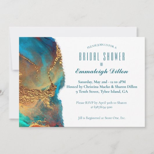 神秘的抽象芸術ティール(緑がかった色)コーラル金ゴールドブライダルシャワー 招待状 (正面)