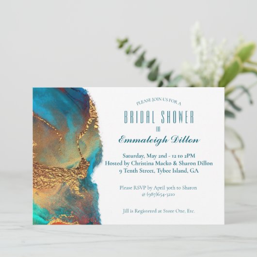 神秘的抽象芸術ティール（緑がかった色）コーラル金ゴールドブライダルシャワー 招待状 (スタンド正面)