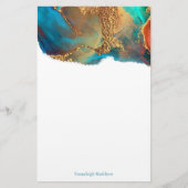 神秘的抽象芸術ティール（緑がかった色）コーラル金ゴールドモノグラム 便箋 (正面)