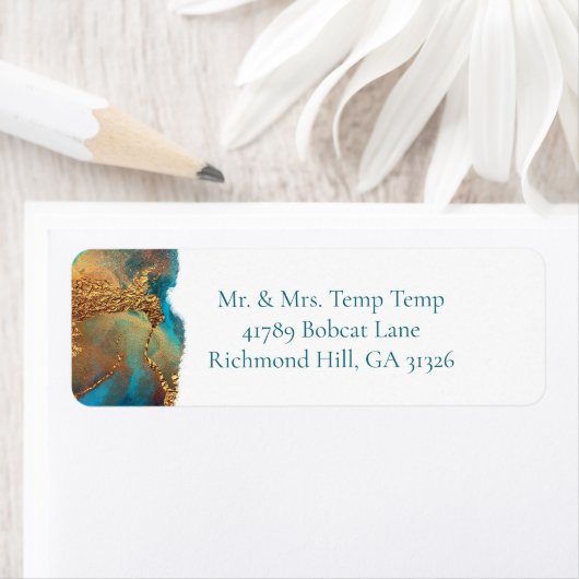 神秘的抽象芸術ティール(緑がかった色)コーラル金ゴールド差出人住所 ラベル (インサイチュ)