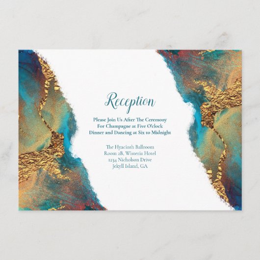 神秘的抽象芸術ティール（緑がかった色）コーラル金ゴールド披露宴 エンクロージャーカード (正面)