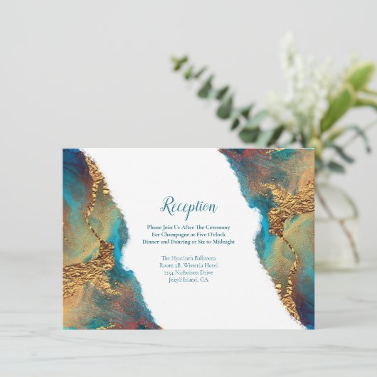 神秘的抽象芸術ティール（緑がかった色）コーラル金ゴールド披露宴 エンクロージャーカード (スタンド正面)