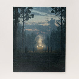 神秘的白熱［赤熱］光を放つな古代の森の聖十字架 ジグソーパズル