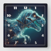 神秘的白熱［赤熱］光を放つな雰囲気の中のティラノサウルスレックス スクエア壁時計 (正面)