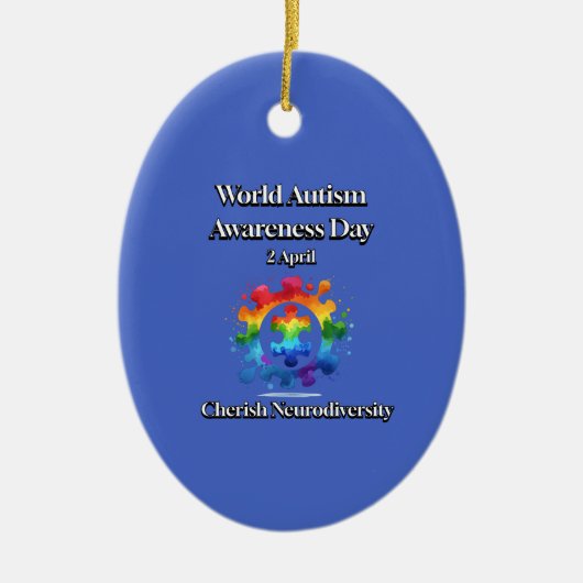 神経多様性を大切に。世界自閉症啓発デー セラミックオーナメント (正面)