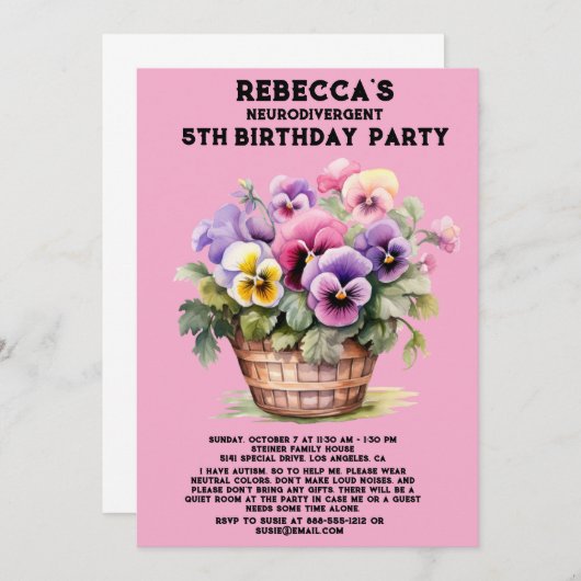 神経発散自閉症の誕生日パーティーの招待 招待状 (正面/裏面)