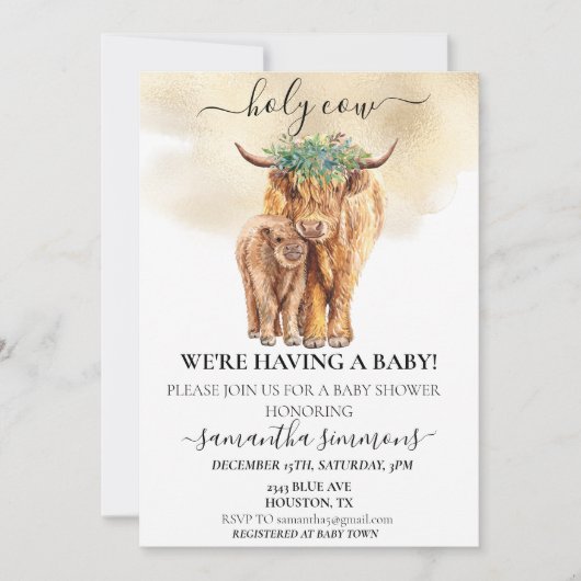 神聖なカウハイランドカーフベビーシャワー水の色金ゴールド 招待状 (正面)