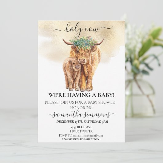 神聖なカウハイランドカーフベビーシャワー水の色金ゴールド 招待状 (スタンド正面)