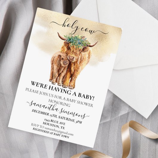神聖なカウハイランドカーフベビーシャワー水の色金ゴールド 招待状