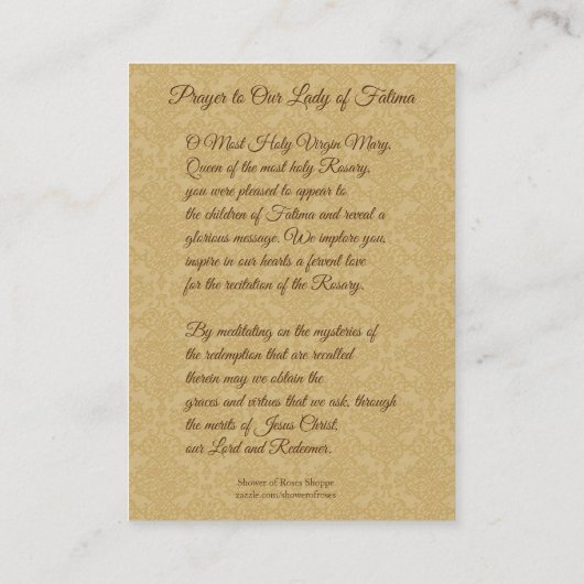 神聖なカード|ファティマ|の金ゴールドのダマスク織の私達の女性 名刺 (裏面)