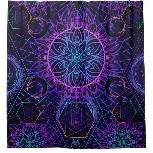 神聖なジオメトリのシームレスパターン。ヒンドゥー教の象徴 シャワーカーテン (正面)