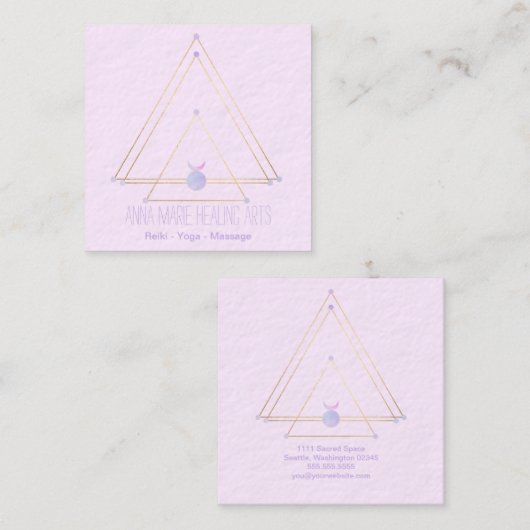 神聖なジオメトリスピリチュアルニューエイジ金ゴールドとピンク スクエア名刺 (正面/裏面)