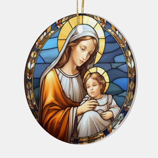 神聖なマリアとベビーイエズステンドグラス出生 セラミックオーナメント (左)