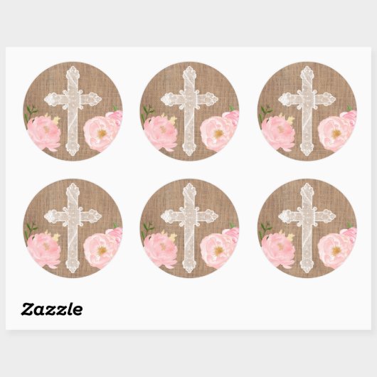 神聖な十字のステッカー、ピンクの花が付いている白い十字 ラウンドシール (シート)