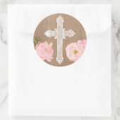 神聖な十字のステッカー、ピンクの花が付いている白い十字 ラウンドシール (バッグ)