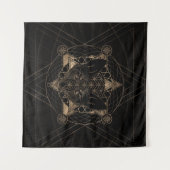 神聖な幾何学のキツネ-黒および金ゴールド タペストリー (正面(横))