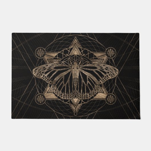 神聖な幾何学の蝶-黒および金ゴールド ドアマット (正面)