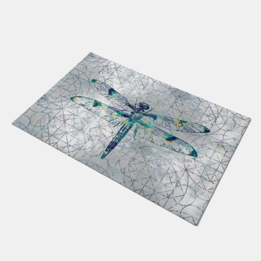 神聖な幾何学パターンの宝石用原石のトンボ ドアマット (アングル)