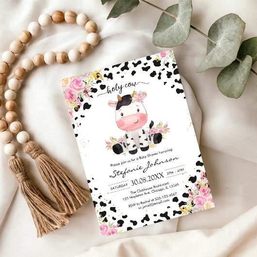 神聖な牛のピンクの花のカウガール赤ちゃんシャワー 招待状