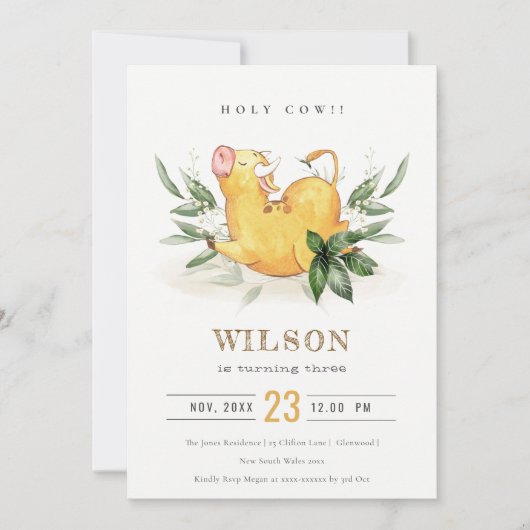 神聖な牛の農場の葉キッズ任意の年齢誕生日招待状 サンキューカード (正面)