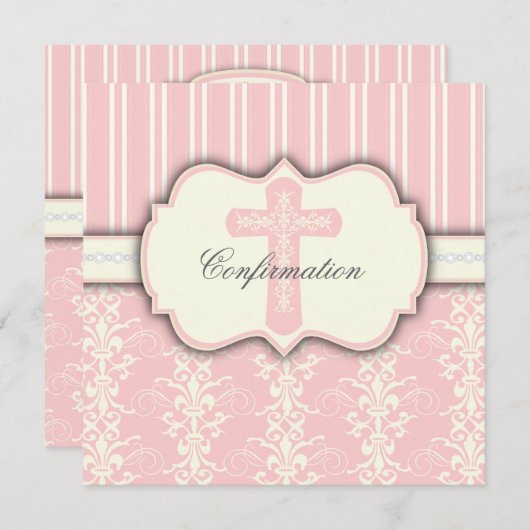 神聖な確認のヴィンテージのピンクのダマスク織の招待状 招待状 (正面/裏面)