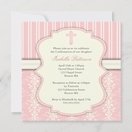 神聖な確認のヴィンテージのピンクのダマスク織の招待状 招待状 (裏面)