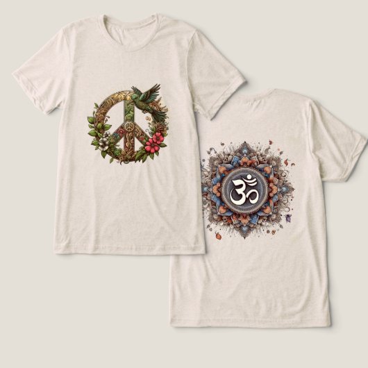 神聖な調和:オームの曼荼羅 トライブレンドTシャツ (デザイン正面&裏面)