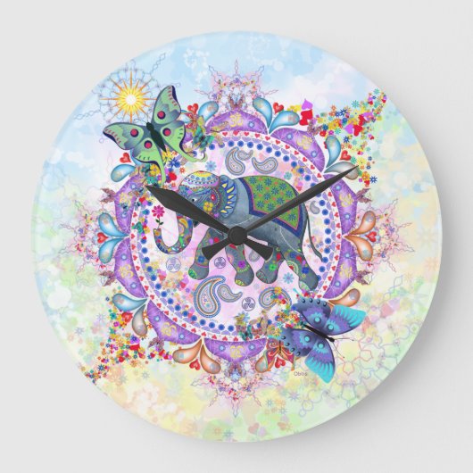 神聖な部族のヘナ象の大きな時計 ラージ壁時計 (正面)