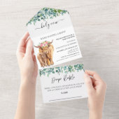 神聖な高地の牛の赤ちゃんシャワーふくらはぎ水色 オールインワン招待状 (貼ってはがせる)