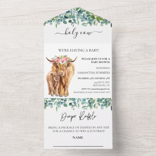 神聖な高地の牛の赤ちゃんシャワーふくらはぎ水色 オールインワン招待状 (内側)