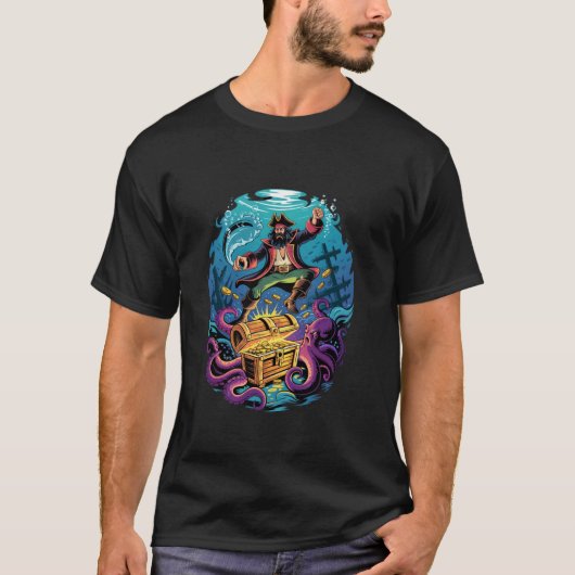神話のタコ クラーケン 海賊の宝 Tシャツ (正面)