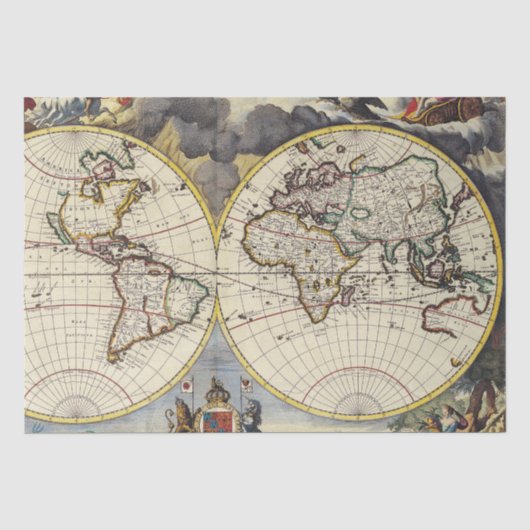 神話の四大元素が描かれたヴィンテージ世界地図 薄葉紙 (正面)