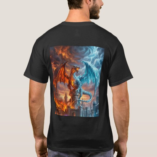 神話の炎と氷のドラゴン・ゲーマー・ファンタジーTシャツ Tシャツ (裏面)