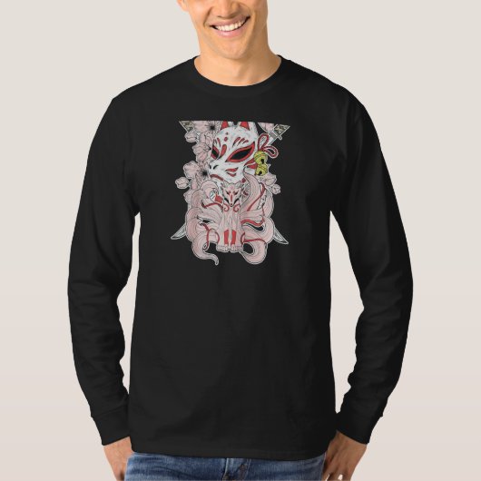 神話日本の的な生き物キツネ仮面9タイル Tシャツ (正面)