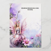 神話的な水の色の妖精のプリンセスピンクフローラ 箔招待状 (裏面)