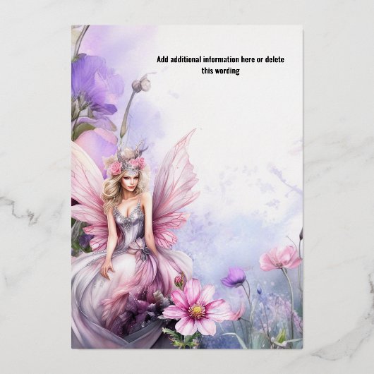 神話的な水の色の妖精のプリンセスピンクフローラ 箔招待状 (裏面)